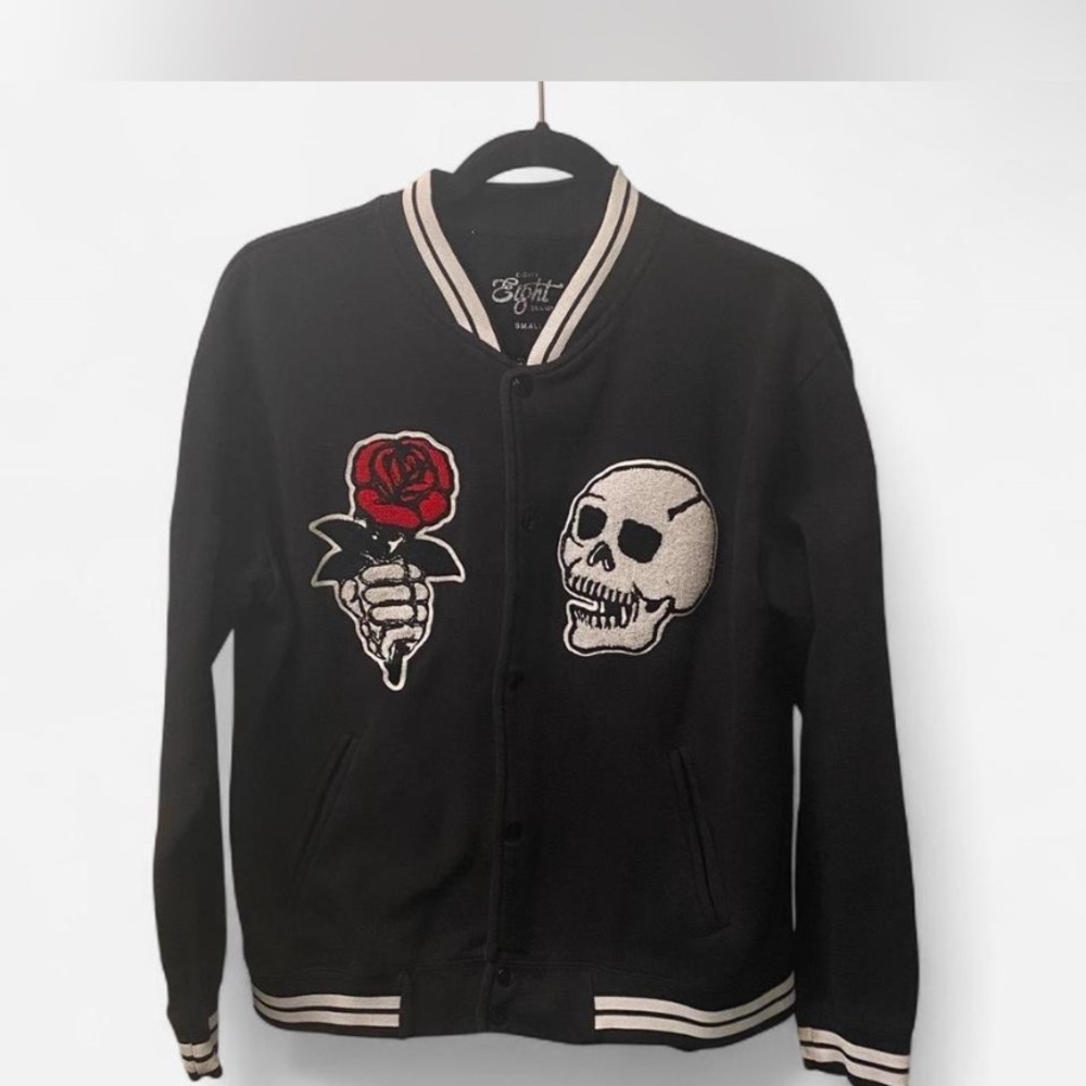 Eighty Eight Black Varsity Jacket with Skull and Rose Embroidery